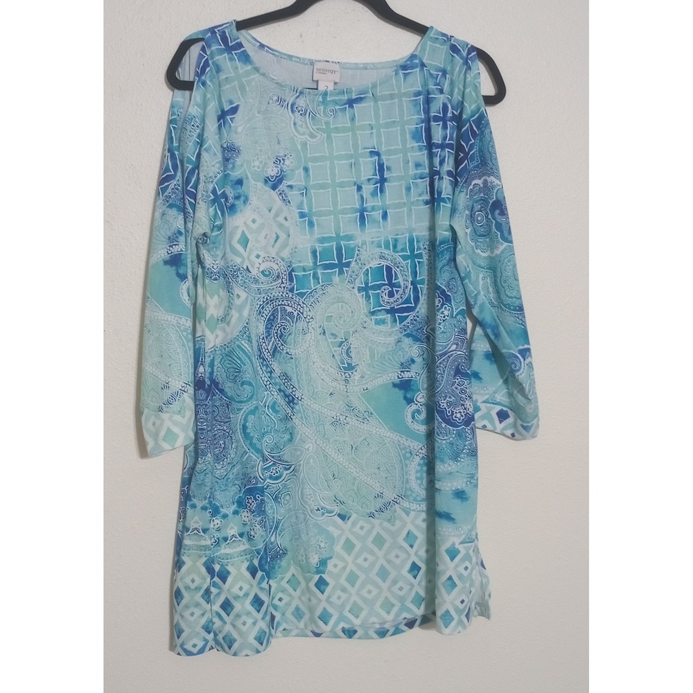 Chico's Zenergy Blue Paisley Cold Shoulder Tunic Top Size 2 L XL